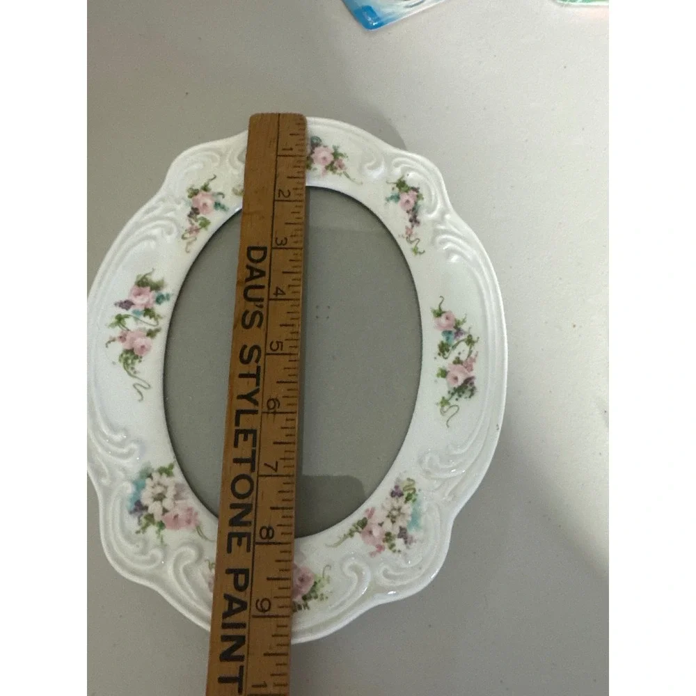 Vintage White Porcelain Oval Floral Photo Frame Pink Roses Victorian 5x7